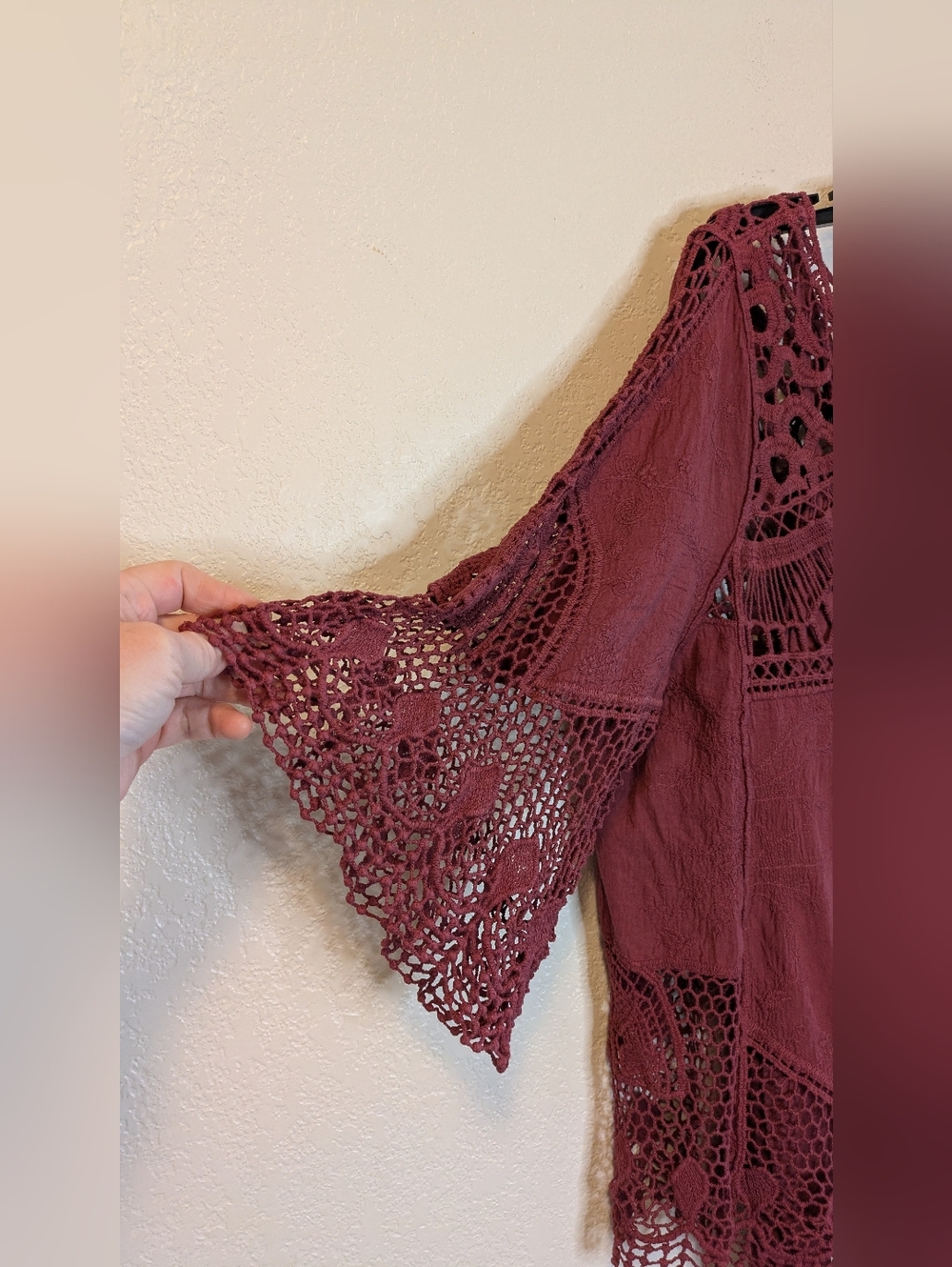 Democracy Crochet Lace Peasant Top - Burgundy - Picture 8 of 11